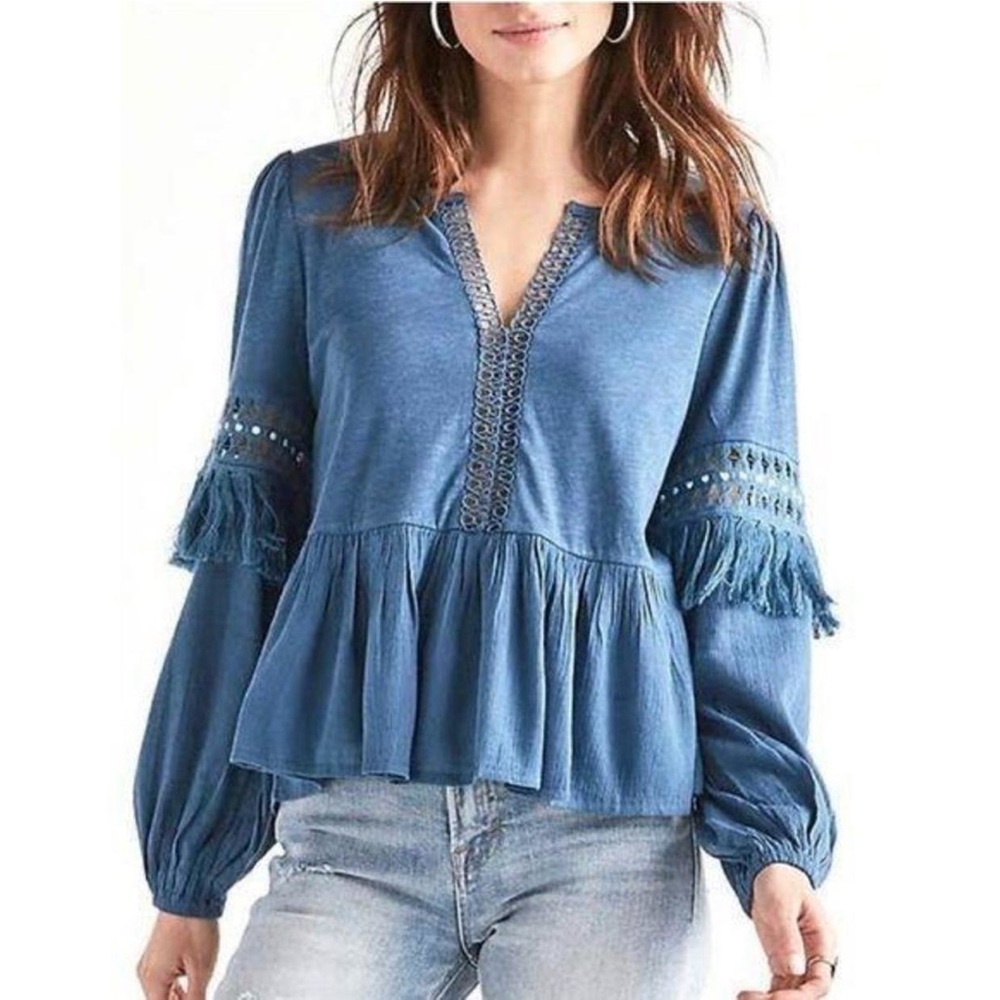 Lucky Brand Mixed Media Tassel Trim Boho Top Size Medium